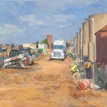A painting of a cement mixer and construction workers