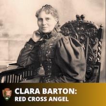 Sepia-toned historical image of Clara Barton seated in a wood-carved chair with the text Clara Barton: Red Cross Angel.