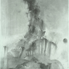 black and white abstracted painting of a tower