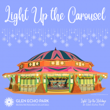 An illustration of a carousel lit up at night on a light purple background