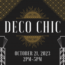 Black, white and gold Deco Chic graphic featuring art deco columns reminiscent of those in the Spanish Ballroom
