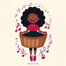 cartoon of black girl with a wicker basket as a skirt surrounded by music notes