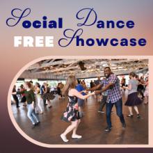 Black man in plaid shirt dances with woman in a floral dress in the bumper car pavilion. other people in the background are also dancing.