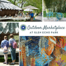 Outdoor Marketplace logo with photos of pottery yurt, glass art, visitors looking at pottery, and up close of a painting