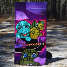 Board with dinosaurs and purple background